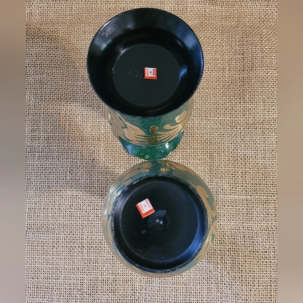 Green Enamel Brass Vase Set Of 2 Etched Floral Design Made In India